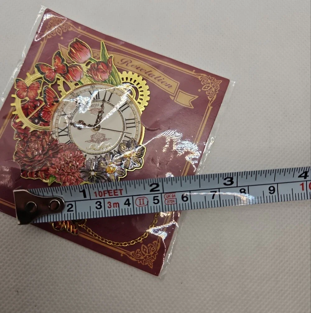 Vintage Floral Clock Enamel Bookmark with Gold Chain and Red Butterfly
